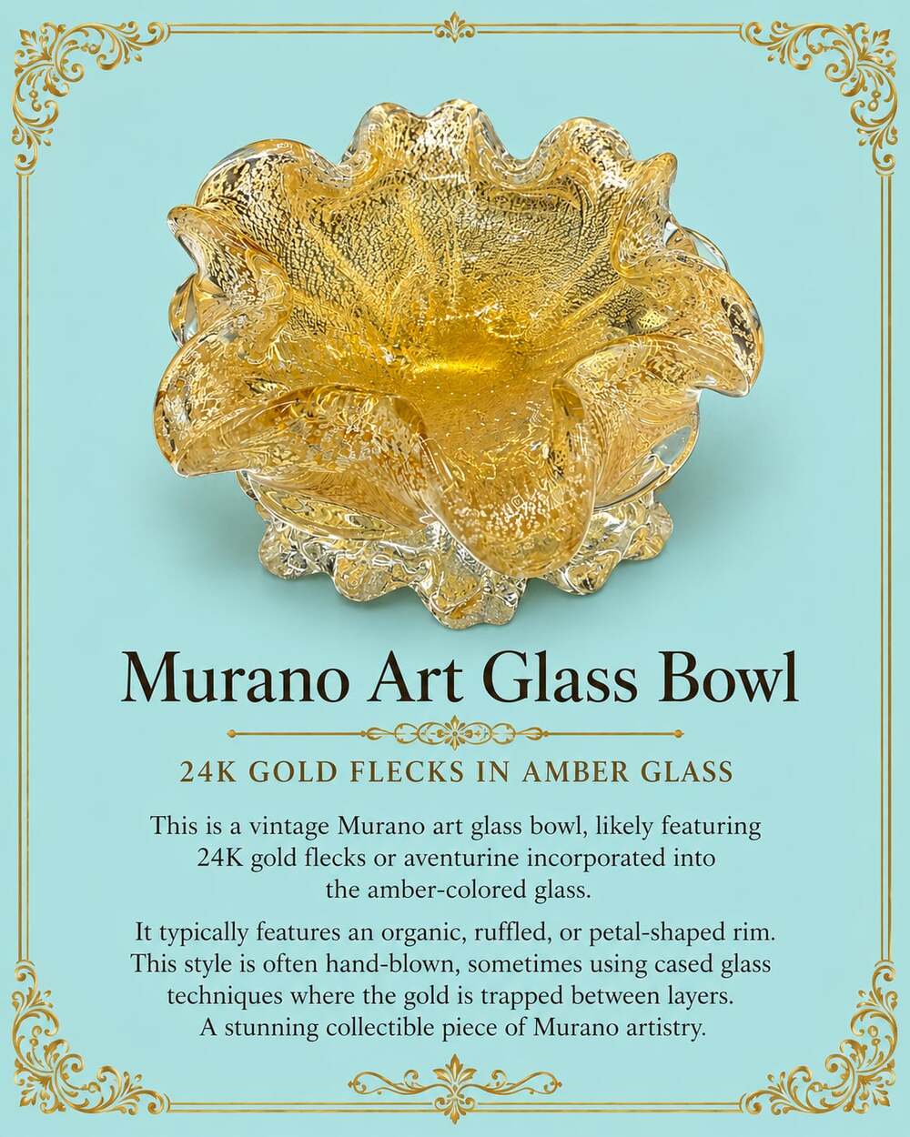 Vintage Murano Hand-Blown Art Glass Bowl with 24K Gold Flecks